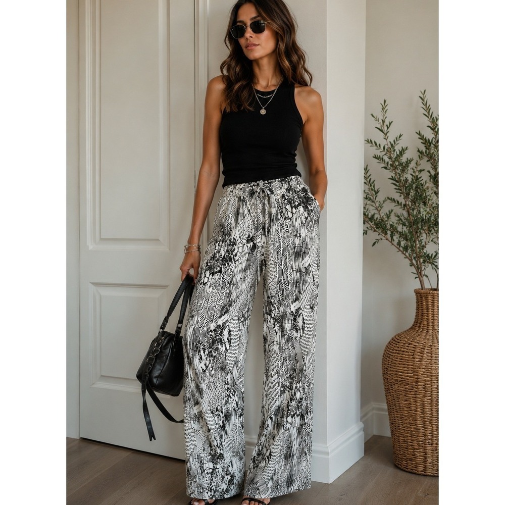 Paper Crane Black White Abstract Wide Leg Pants XS Boho Palazzo Pull On Resort